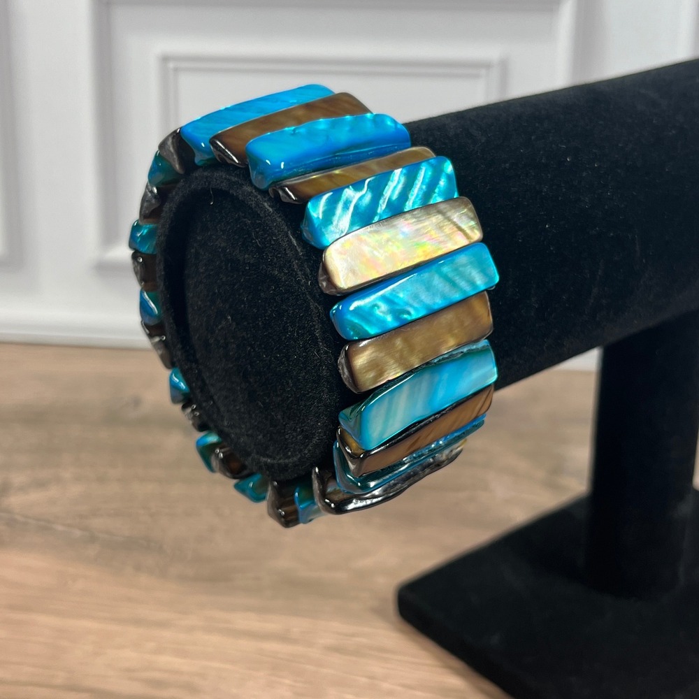 Vintage Mother of Pearl Shell Stretch Bracelet Women Turquoise Brown Bar